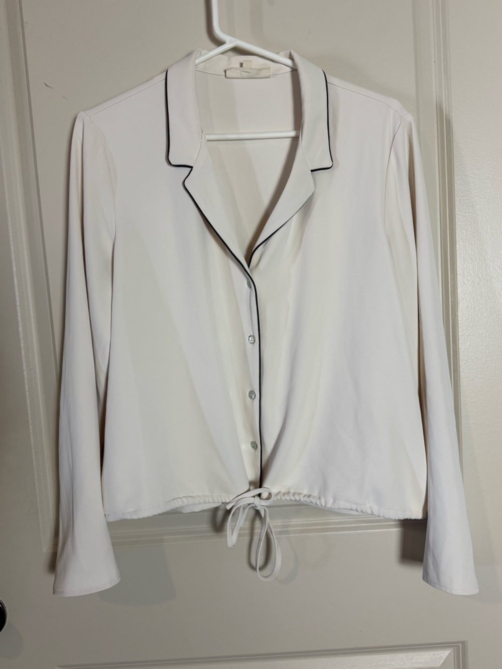 Cropped Button-Front Long Sleeve Top with Contrast Piping - Cream